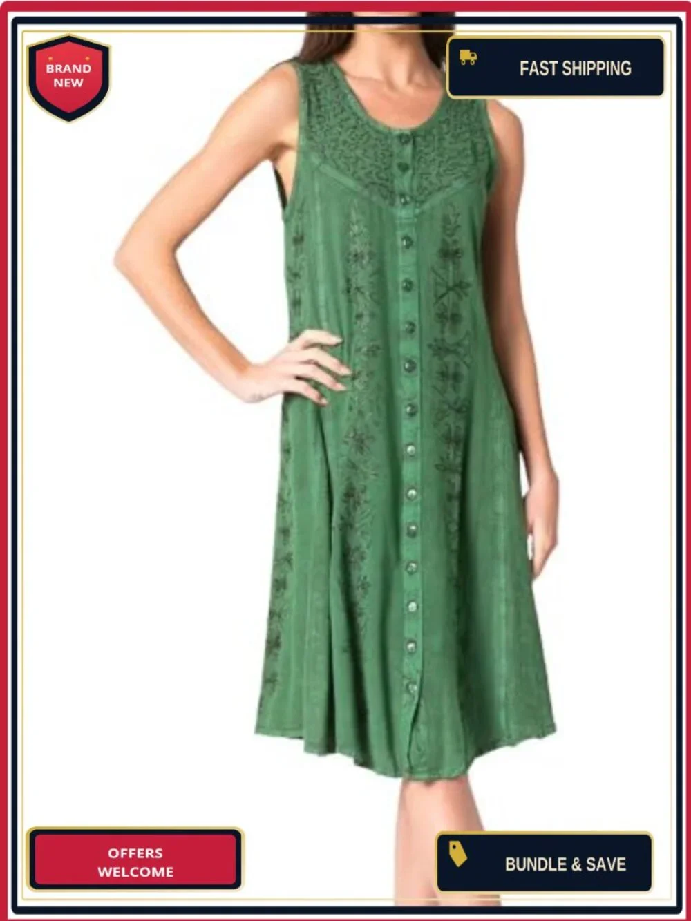 Women's Floral Embroidered Midi Sleeveless Button Up Rayon Dress